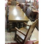 Heavy oak framed & glass topped refectory table with 8 matching chairs to include 2 carvers - Approx