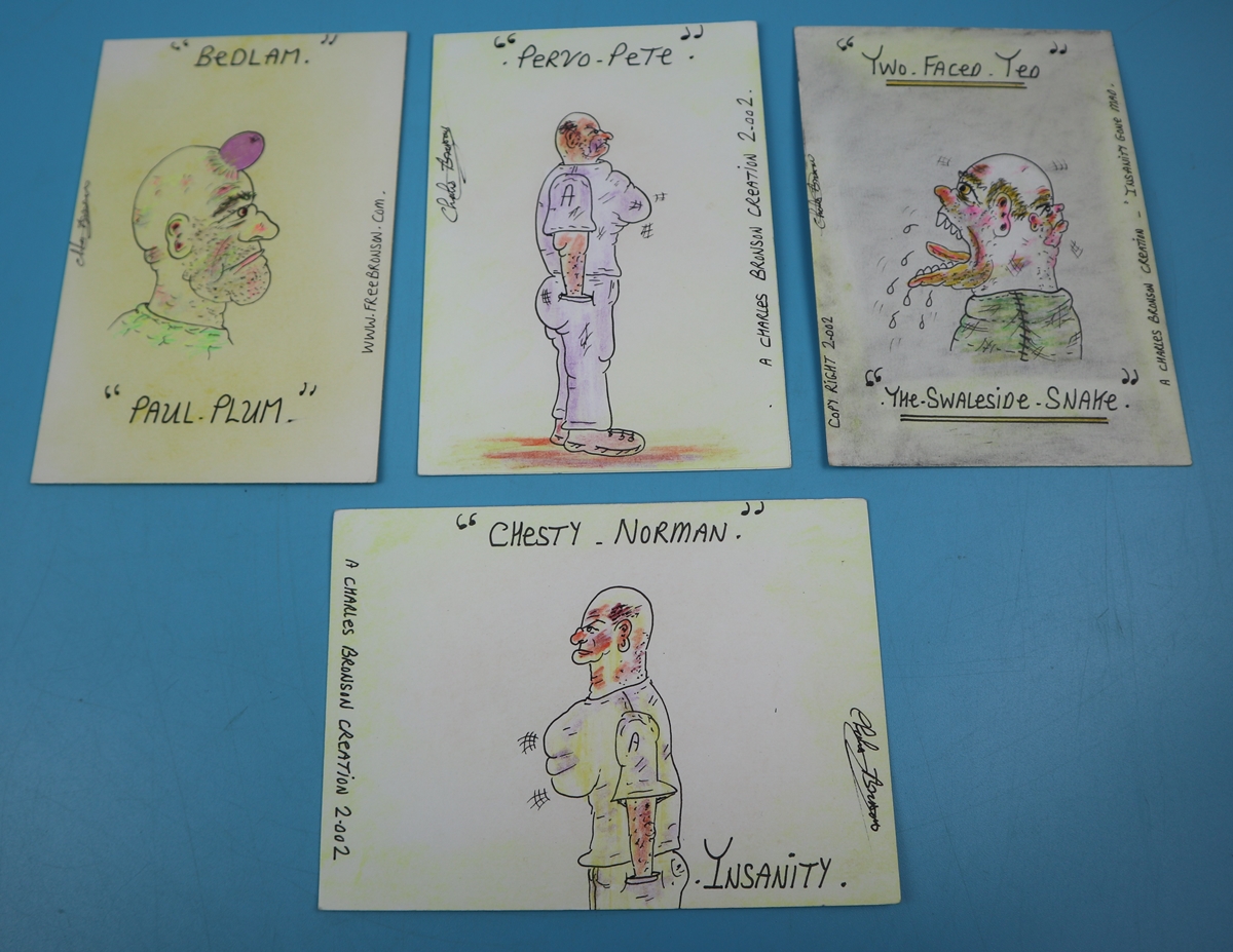 4 original Charles Bronson 6 x 4 postcards - Hand drawn & signed