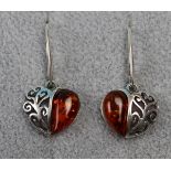 Pair of silver & amber heart earrings