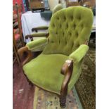 Victorian button back armchair with scroll arms