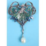 Silver enamel & pearl fairy pendant