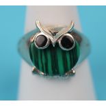 Silver malachite owl ring