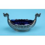 Norwegian silver condiment pot in the form of a Viking boat with blue liner