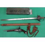 Reproduction flint lock pistol and military re-enactment sword