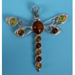 Silver & amber dragonfly pendant