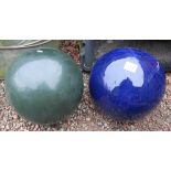 2 ceramic and glazed garden orbs