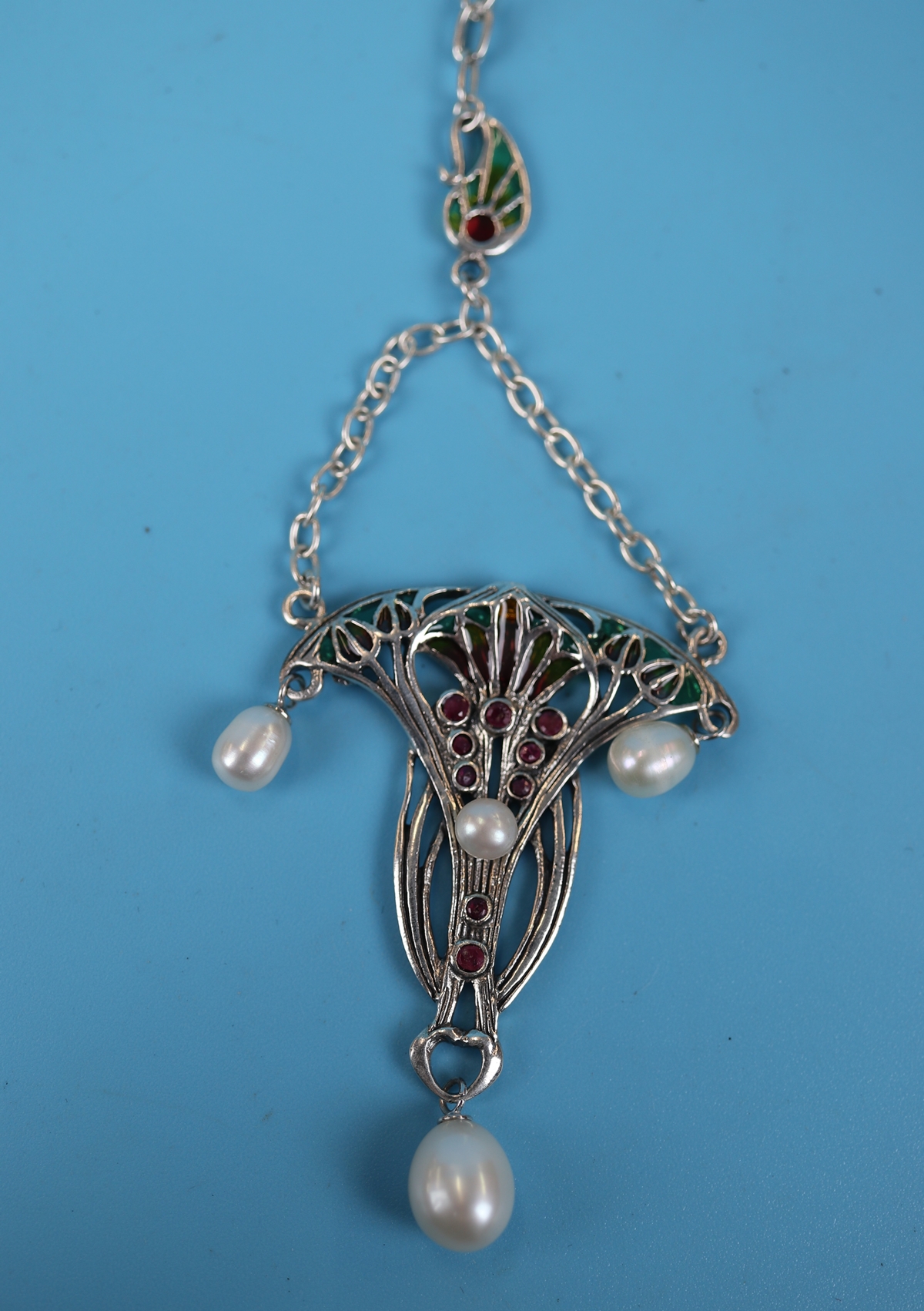 Silver enamel stone set pendant on chain