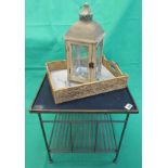 Coffee table, decorative tray and lantern