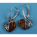 Pair of silver & amber heart earrings