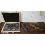 Small collection of military engineering tools to include tap and die, wooden cased air pressure....