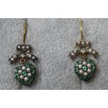 Pair of emerald, pearl & diamond heart earrings