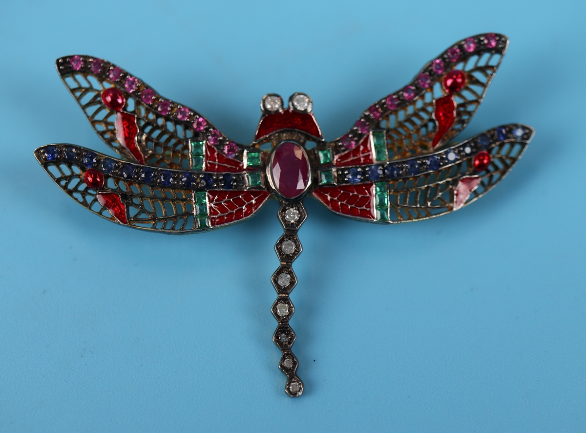 Ruby, emerald, sapphire, diamond & enamel dragonfly brooch