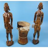 2 tribal carvings and a drum
