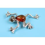 Silver amber frog brooch