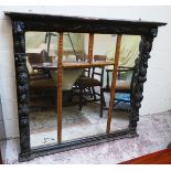Heavy antique carved oak over-mantle mirror - Approx size: 130cm x 121cm