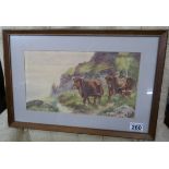 Watercolour - Highland Cattle by Royal Worcester artist P Stanley - Approx image size: 33cm x 19cm