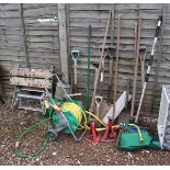 Collection of garden tools to include Black & Decker workmate and pair of axel stands