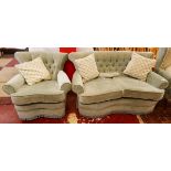 Reupholstered button back Edwardian framed sofa and matching armchair