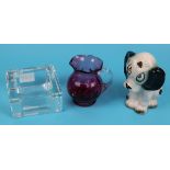 Servres French glass ashtray, cranberry glass jug & dog figure