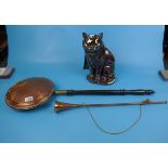Copper warming pan, horn & cat companion set