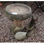 Stone birdbath & 2 stone ornaments