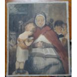 Unframed antique watercolour of old lady & children