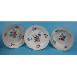 3 Continental floral decorated plates - 2 blue crossing swords - Possibly Meissen