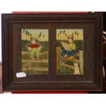 Pair of framed original watercolours of children on fence signed IMJ
