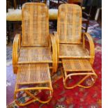 Pair of wicker and cane steamer chairs with inbuilt footstools