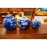 3 blue & white Prunus Blossom ginger jars, 1 with lid