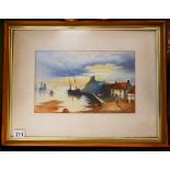 Watercolour of fishing village - Indistinct signature