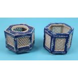 2 antique Chinese blue and white pierced cricket cage censor pots