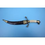 Bone handled Syrian dagger in leather sheath with engravings to blade