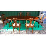 Mahogany inlaid pedestal dining table plus set of 6 chairs to inc 2 carvers - Approx L 211cm x W: