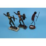 2 Greek centurion figures & metal stick man figure