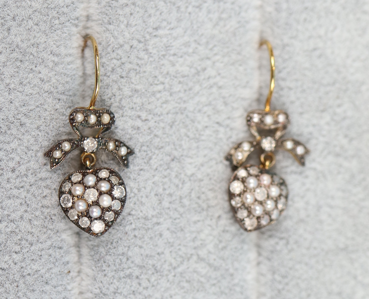 Pair of pearl & diamond heart shaped earrings