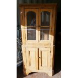 19thC pine glazed 2 part floor standing corner cupboard