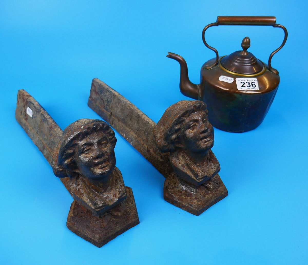 Pair of early firedogs & copper kettle