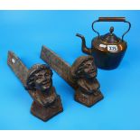 Pair of early firedogs & copper kettle