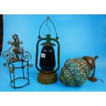 2 antique hanging lamps and storm lantern