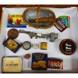 Box of collectables to inc. rolling pin, vintage tins etc.