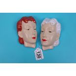 2 Art Deco style face mask wall plaques - Approx H: 14cm