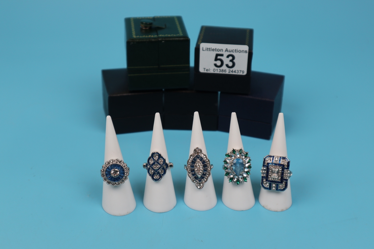 5 Art Deco style costume rings in boxes