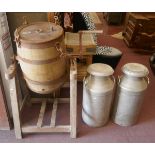 Coopered barrel butter churn by Lister and 2 milk churns