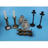 2 pairs of candlesticks & pair of brass rail holders