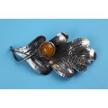 Silver amber leaf brooch