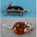 Silver & amber mouse brooch