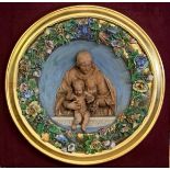 Large 19thC Della Robbia style religious scene polychrome & terracotta plaque in glazed case -