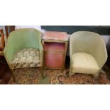 2 green Lloyd Loom chairs and pink Lloyd Loom bedside cabinet