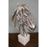 Chrome contemporary horses head on marble base - Approx H: 43cm